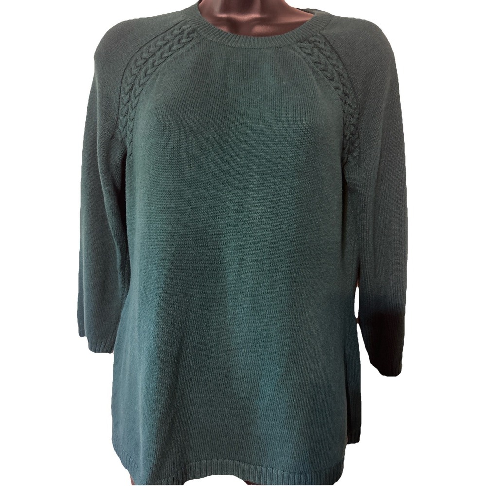 Talbots Womens Hunter Green Cable Knit Raglan 3/4 Sleeve Back Zip Sweater‎ Small